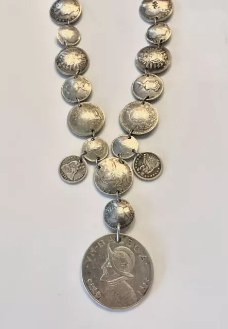 900 Silver Handmade Coin Necklace Large Balboa Panama US Canadian Etc 153 Grams