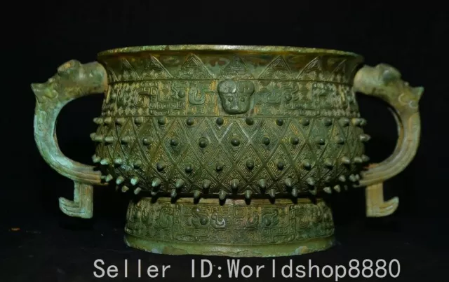 11.2" Old China Dynasty Bronze Ware Fengshui Beast Pattern Incense Burner Censer