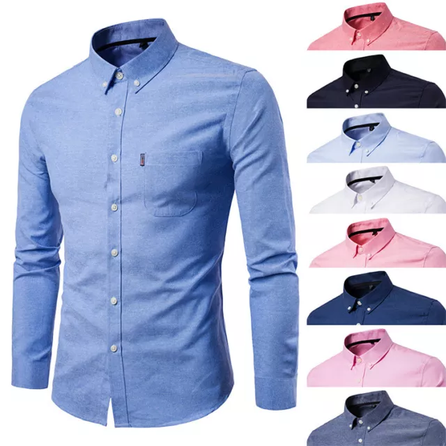 Mens Oxford Cotton Casual Button Down Dress Shirt Slim Fit Shirt Top Long Sleeve