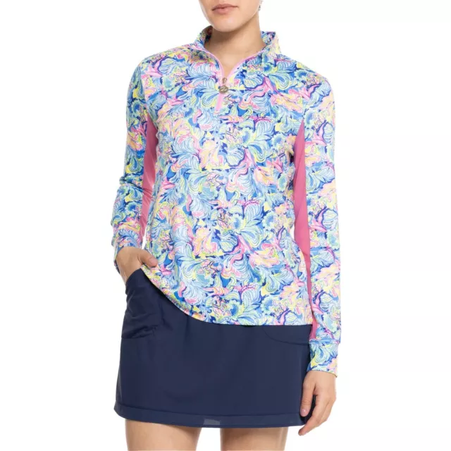 NWT STELLA PARKER Blue Pink Shake Tail  Feather Long Sleeve Mock Golf Shirt M L