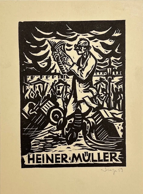 Vintage Ex libris - Heiner Müller - Man Reading a Book - Car Crash - Germany