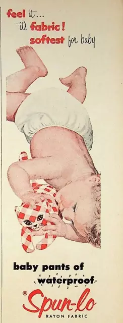 1955 Spun-lo Soft Fabric Waterproof Baby Pants Print Ads Infant Plush Cat Kitten