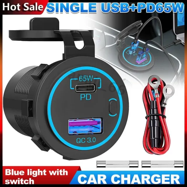  [Upgraded Version] 12V Cigarette Lighter Socket, Quick Charge  3.0 & PD 3.0 USB Charger Power Outlet with Button Switch, Waterproof 12  Volt Adapter for Car Motorcycle Boat Marine RV Golf Cart
