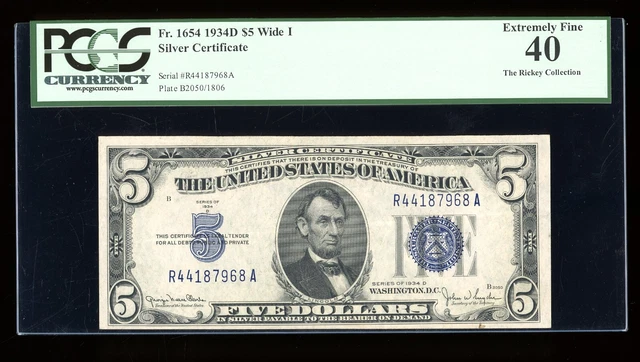 DBR 1934-D $5 Silver Fr. 1654Wi Wide I RA Block PCGS XF-40 Serial R44187968A