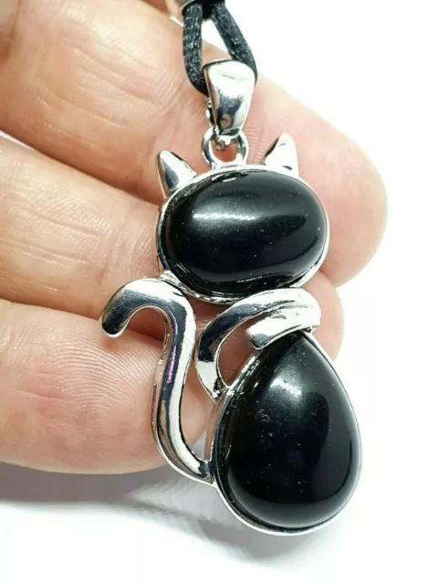 Obsidian Cat Necklace Pendant Large Crystal Gemstone Protection Stone Corded