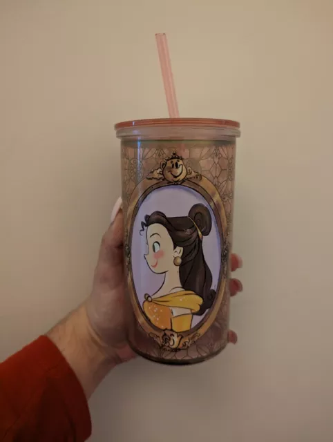 Rare Disney Store Art of Belle Princess Glass Tumbler Straw Beauty & The Beast