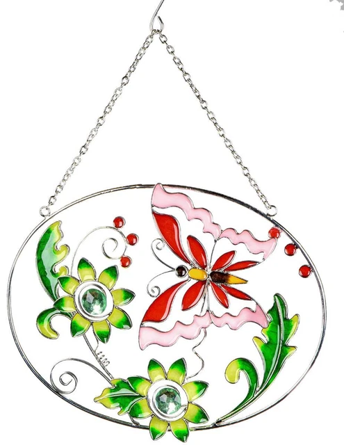 Decoración Ventana Flor Mariposa Colgador Vidrio Imagen Verde Rojo 26x20cm Tiffany