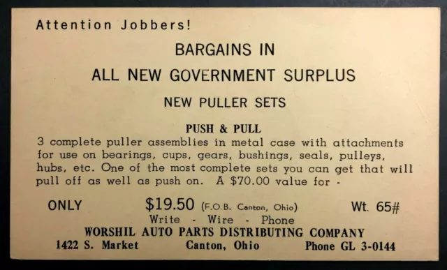 1955 Canton Ohio OH Worshil Auto Parts Distributing Co Govt Puller Sets Postcard