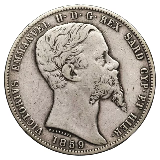 Italie 5 lire 1859 P argent Victor Emmanuel II Sardaigne Gênes RARE monnaie