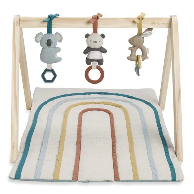 Itzy Ritzy Activity Gym Wooden Baby Includes Quilted Play Mat 3 Removable Toys