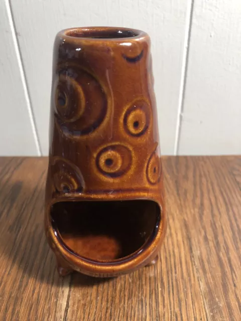 Vintage RETRO Brown Ceramic Incense Burner 5.5" Circle Pattern