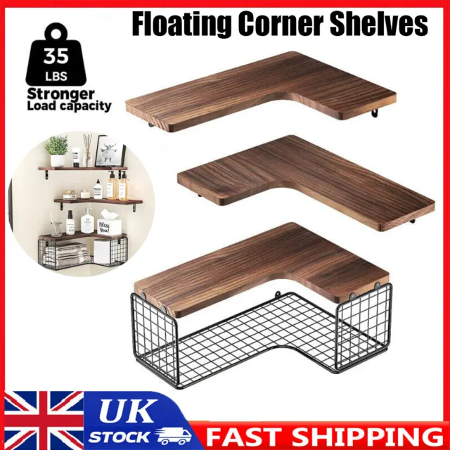 3pcs Rustic Floating Corner Shelves Storage Display Wall Mount Wood Corner Shelf