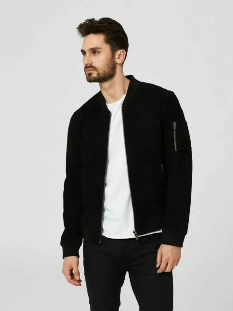 Men's Black Real Suede Leather Jacket Bomber Biker Moto Jacket Cafe Racer Coat