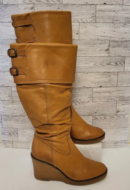 Bronx Vintage Tan Leather Knee High Buckle Slouch Gum Wedge Boots Sz 38 US 7.5 2