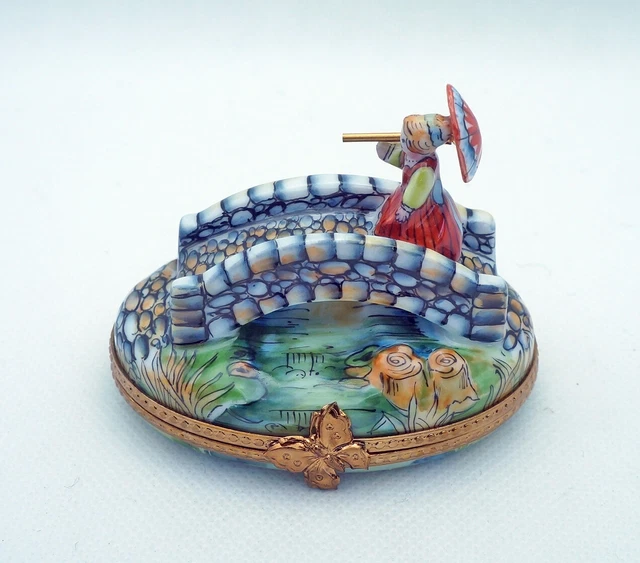 New French Limoges Trinket Box Geisha with Umbrella on Amazing Japanese Bridge
