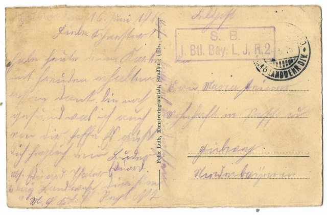 Westfront, I. Btl. Bay. L. J. R.2, Feldpost 16, Ak von Kablin im Ellsaß
