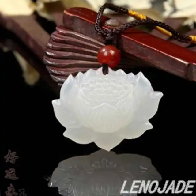 100% Natural white Chinese Hetian Jade 100% Hand-carved lotus flower Pendant