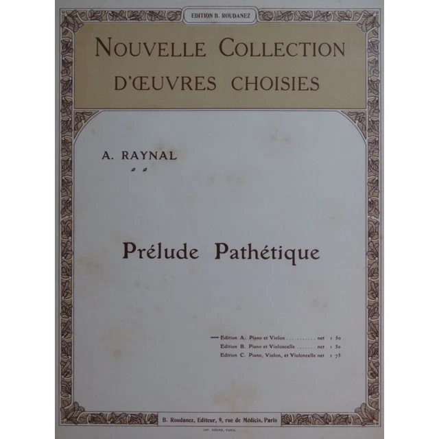 RAYNAL Adrien Prélude Pathétique op 22 Piano Violon ca1911