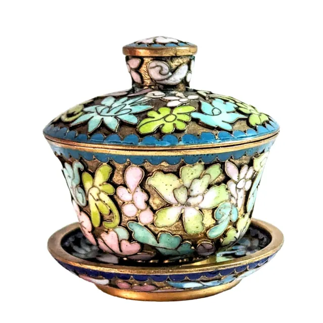 Vintage Chinese Cloisonne Bowl Handwork Carved  Flower Covered Tea Cup & Saucer