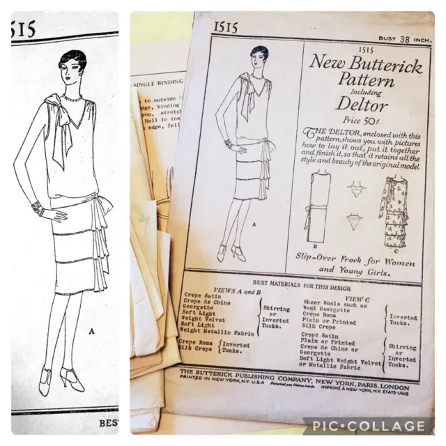 1920s Vintage Antique Butterick Sewing Pattern 1515 Ladies Flapper Dress