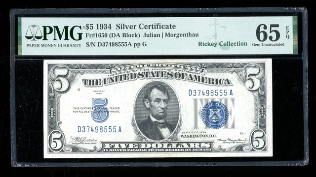 DBR 1934 $5 Silver Gem Fr. 1650 DA Block PMG 65 EPQ Serial D37498555A