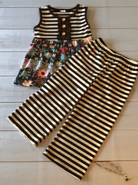Girls Chocolate Stripe Cropped Pants + Floral Ruffled Swing Top Set, NEW! 6 YRS