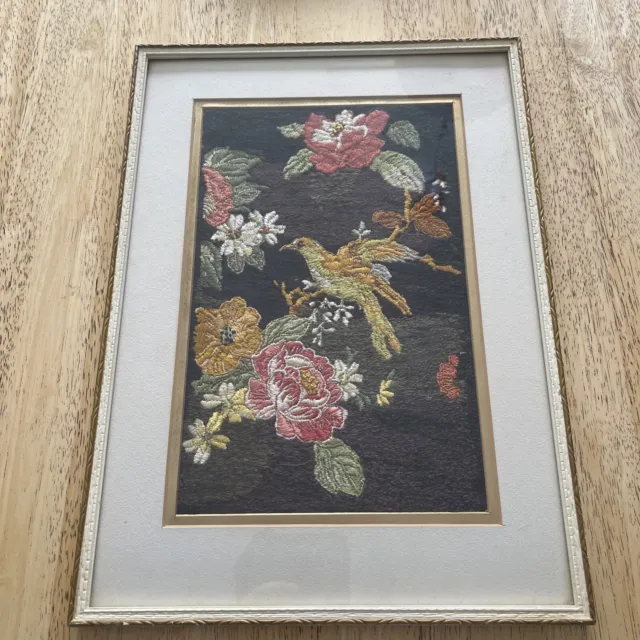 Vintage Bird & Flowers Stitch Embroidery? Framed Picture Under Glass