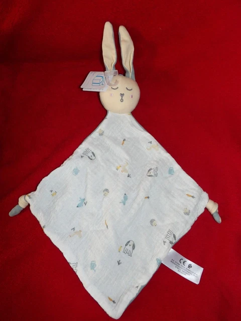 Doudou Plat NICOTOY Lapin Vert Lange  Blanc Imprimé Chien Hérisson Lapin Oie