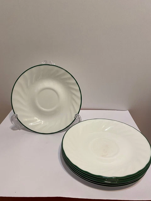 Set of 6 Corelle  Calloway white swirl saucers 6" Green Rim Edge