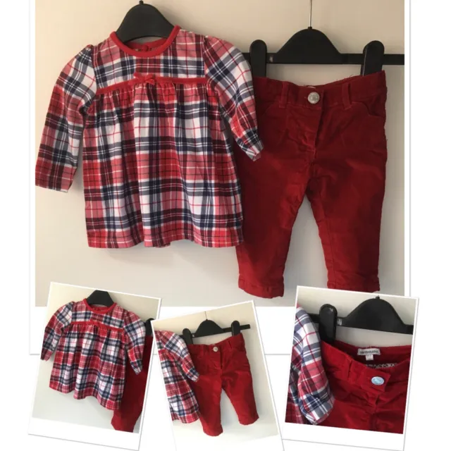 George Baby Girls Festive Checked Tunic & Vertbaudet New Cordrouy Bottoms 0-3 Mo