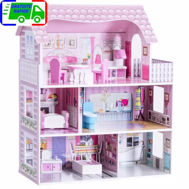 Maison de poupée pour enfants avec nombreux accessoires Maison à 3 étages avec 5