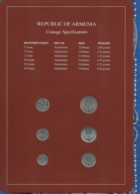Coin Sets of All Nations Armenia w/card UNC 5,3,1 Tram 50,20,10 Luma 1994 2