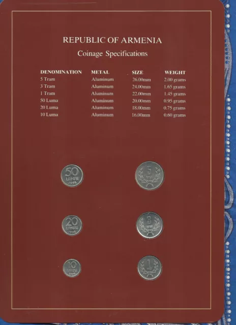 Coin Sets of All Nations Armenia w/card UNC 5,3,1 Tram 50,20,10 Luma 1994 2
