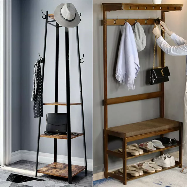 Industrial Hall Tree Hat and Coat Stand Hallway Wooden Shoe Rack Bench & Hooks