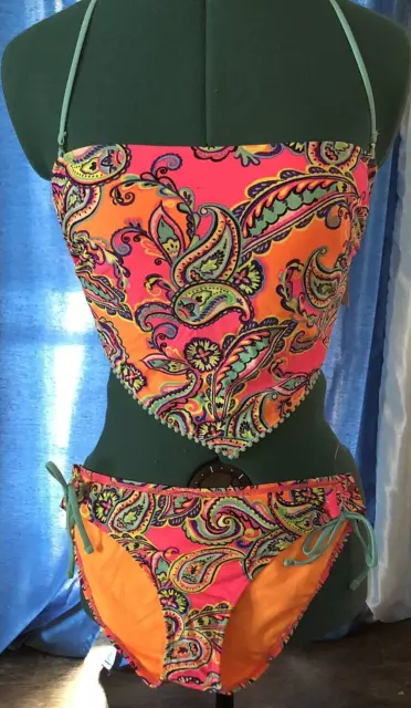 NWT Arizona Neon Pink Orange Paisley Print Bandeau Bikini Top SZ S Bottoms SZ M