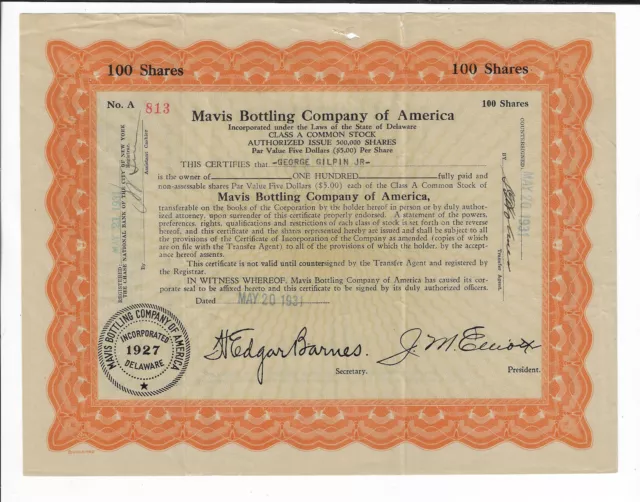 DELAWARE 1930 Mavis Bottling Company of America Stock Certificate Pepsi Link