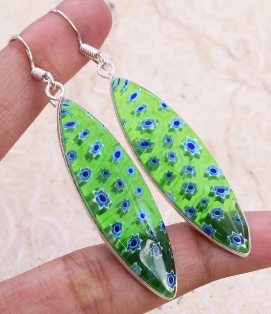 Dichroic Glass 925 Silver Plated Handmade Earrings of 2.5" Ethnic Gift