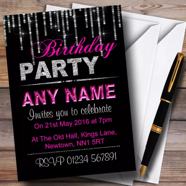 Silver And Hot Pink Glitz Birthday Party Personalised Invitations