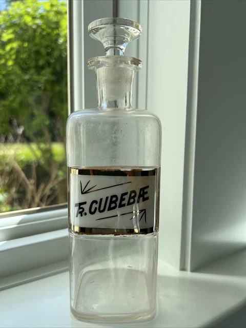 Vtg Antique Pharmacy Clear Glass Label Apothecary Jar Bottle Tr. Cubebae 1889