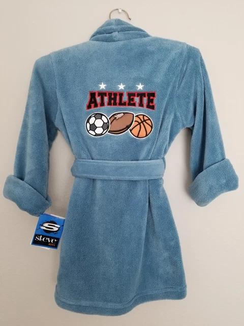 St. Eve Boys Blue with Athlete Appliqué Plush Fleece Bathrobe Size XS (4-5) NWT