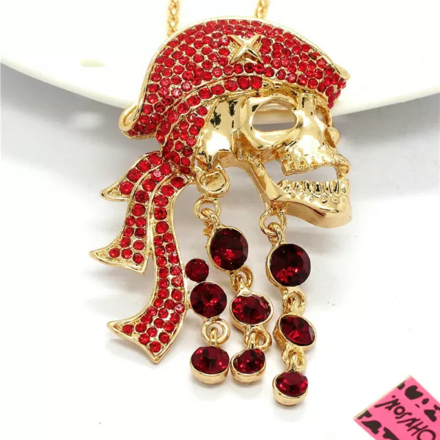 New Betsey Johnson Bling Rhinestone Red Pirate Skull Crystal Pendant  Necklace