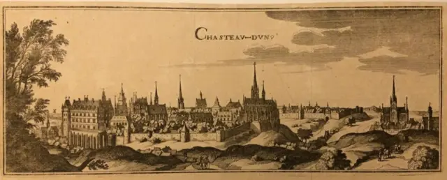 Vue de Chateaudun, gravure ancienne XVIIe siècle Mérian