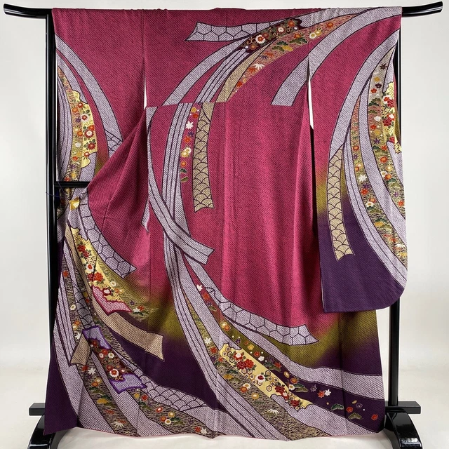 Japanese Silk Kimono Robe Vintage Furisode Gold Classical Pattern Purple Violet