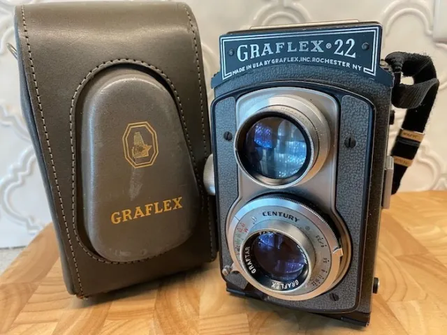 Cámara Graflex 22 TLR vintage con lente Graftar de 85 mm f3,5 y estuche de cuero - ¡FUNCIONA!¡!