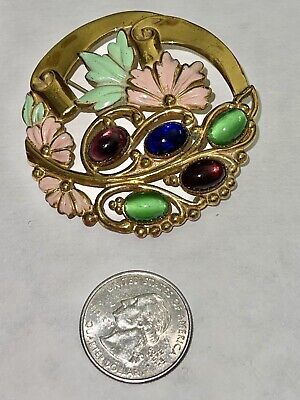 Antique Art Nouveau Stamped Brass Multi Color Cabochon Glass Flowers ￼Brooch