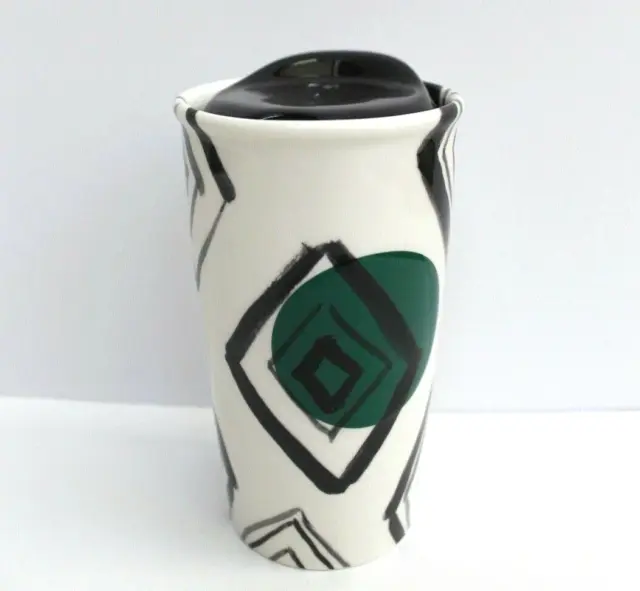 Starbucks Tribute Green Dot Diamond White Ceramic Tumbler 10 oz Ceramic Lid