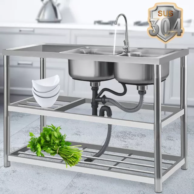 Commercial Sink Kitchen Utility Sink 2 Compartment + Prep Table Stainless Steel