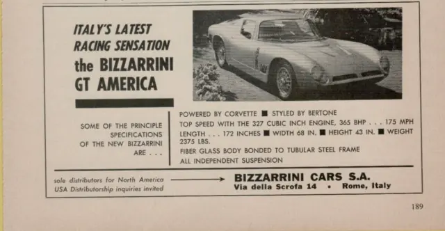 1966 Bizzarrini GT America Italian Car Powered Chevy Corvette VINTAGE PRINT AD