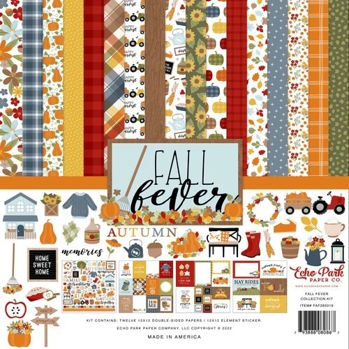 Kit de colección Fall Fever 12x12 coordinación. Papel y pegatinas - papel Echo Park nuevo en paquete