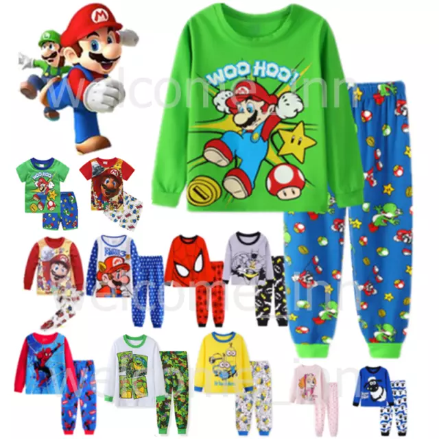 Kids Boys Girls Super Mario Pyjamas Long Sleeve T-Shirt Shorts Set Age 1-7 Years